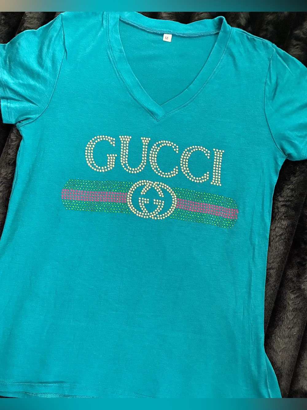 New Womens Rhinestone Luxury Teal T-shirt Size Medium - Picture 3 of 6